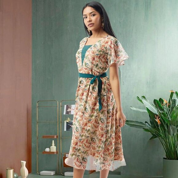 Cream Printed Chiffon Knee-Length Dress | Muvvas Boutique - Picture 3 of 5